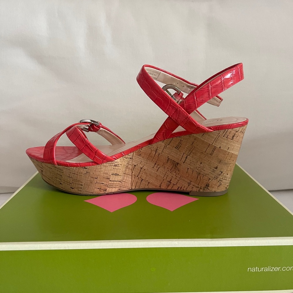 Naturalizer Red Croc-Texture Cork Wedge Sandals